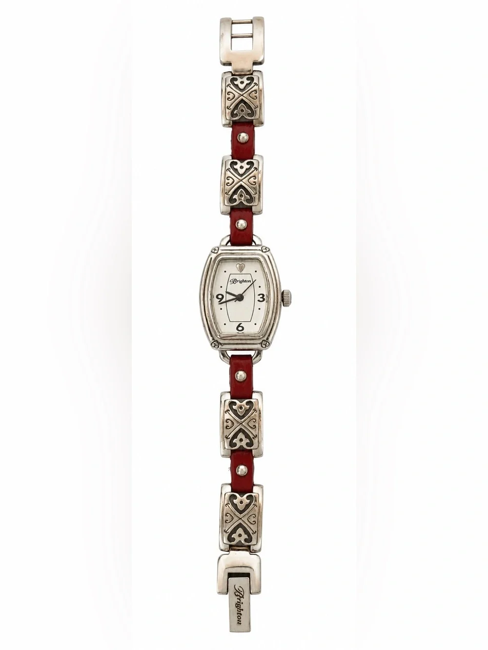 Brighton Womens Bismarck Watch Red Leather Silver Scroll Link 6.75” New Battery